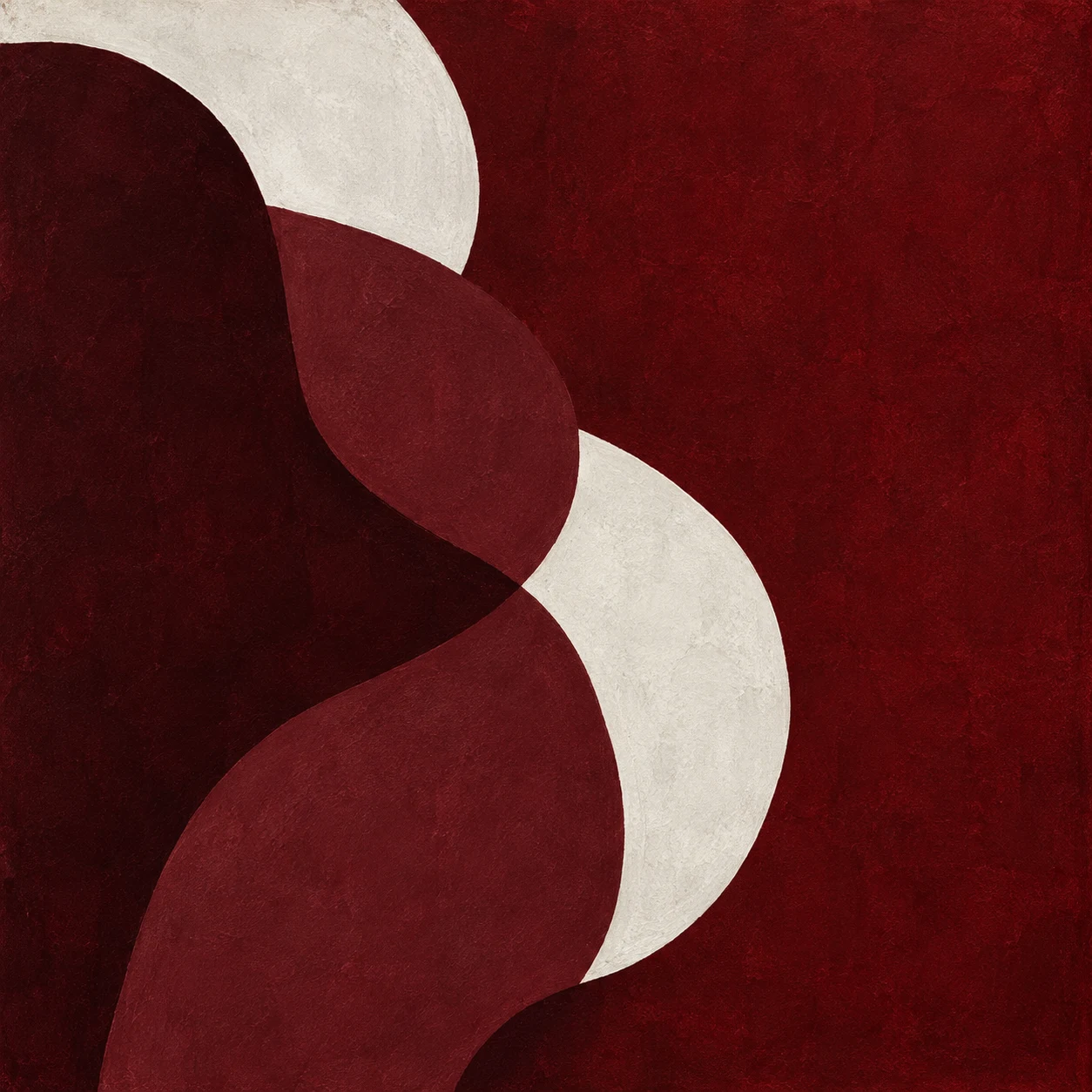 Two overlapping soft organic forms in burgundy, black, sand; square artwork.