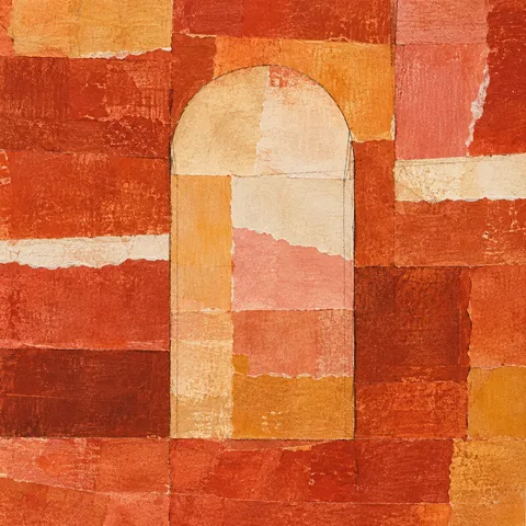 One tall arch pressed into the surface in red, orange, terracotta, blush; square artwork.