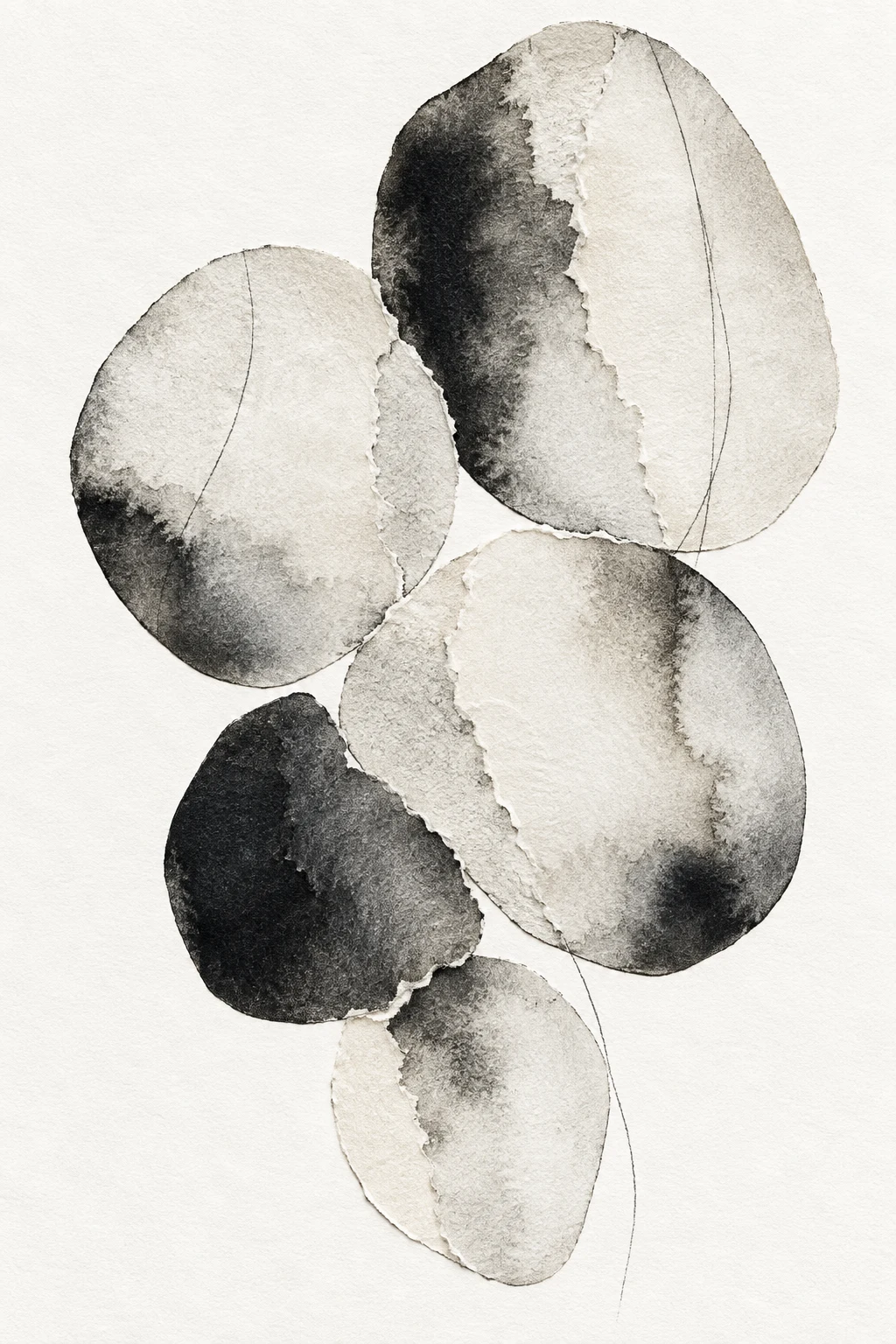 A cluster of five soft pebble shapes in white, cream, charcoal, stone; portrait artwork.
