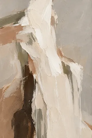 A single brushstroke column set off-center in stone, cream, taupe, sand; portrait artwork.