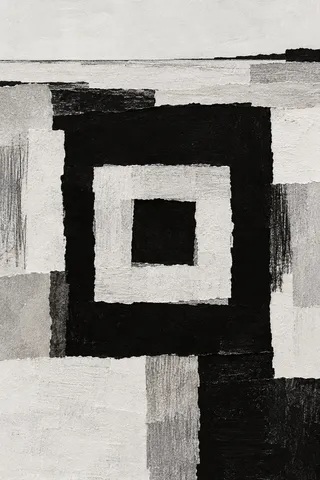 A square within a square, the inner one recessed in cream, black, gray, stone; portrait artwork.