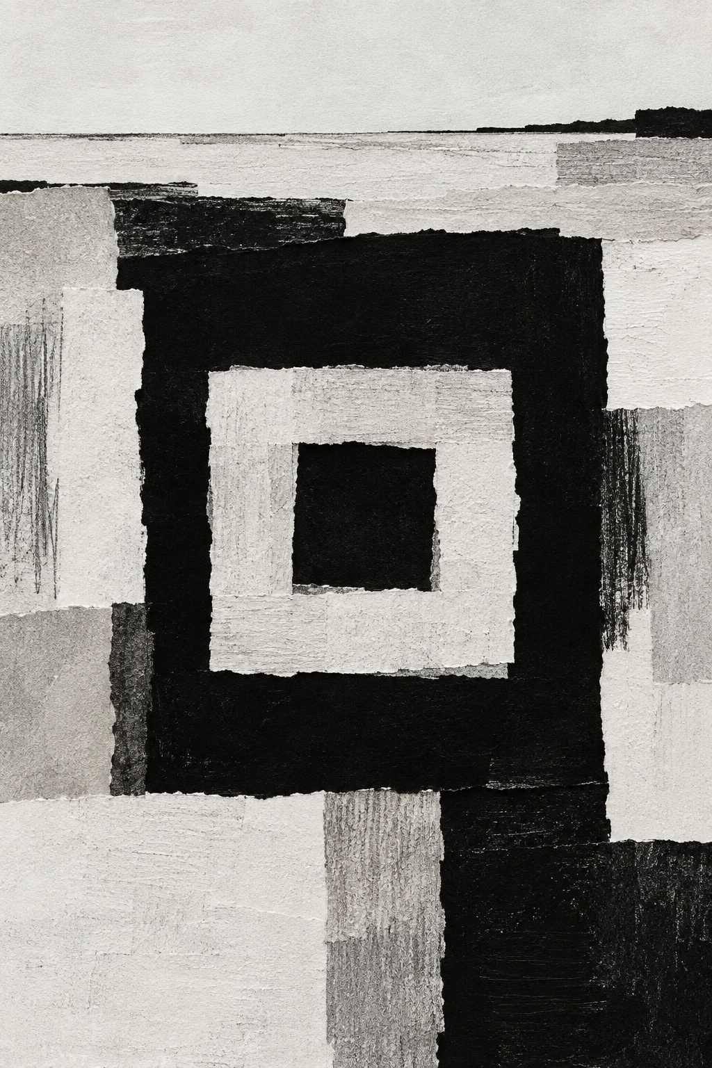 A square within a square, the inner one recessed in cream, black, gray, stone; portrait artwork.