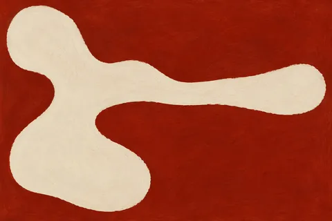 A low horizontal shelf shadow across the whole width in rust, cream; landscape artwork.