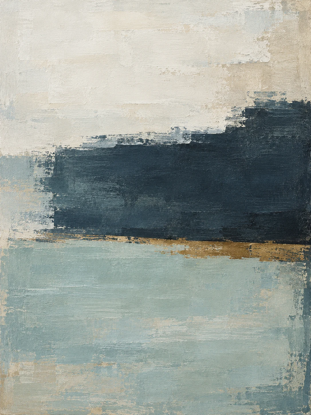 Three stacked horizontal bands with torn edges in stone, cream, navy, charcoal; portrait artwork.