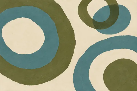 Concentric soft rings, uneven in cream, olive, blue, stone; landscape artwork.