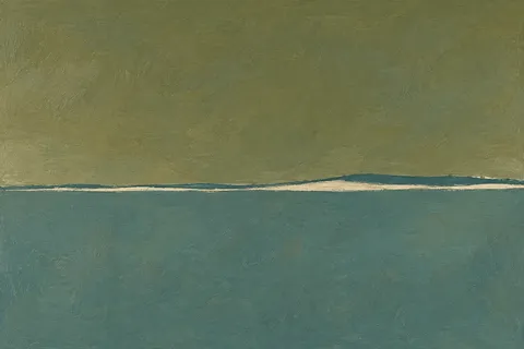 A low horizontal shelf shadow across the whole width in olive, blue, teal, taupe; landscape artwork.