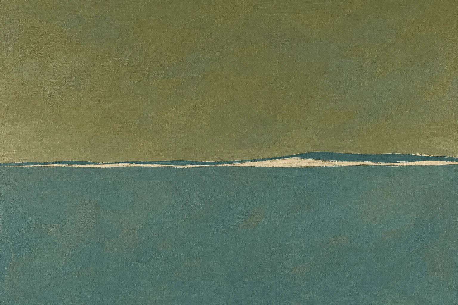 A low horizontal shelf shadow across the whole width in olive, blue, teal, taupe; landscape artwork.