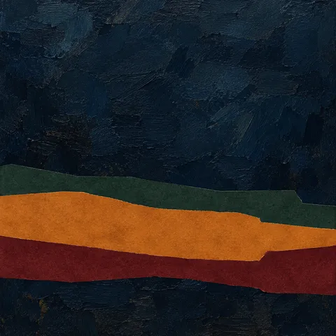 One heavy impasto band across the lower third in black, terracotta, burgundy; square artwork.
