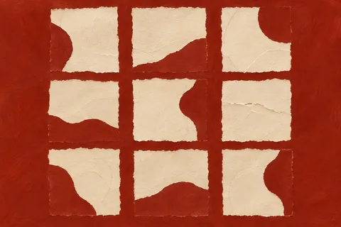 A quiet grid of nine soft squares in rust, cream, sand; landscape artwork.