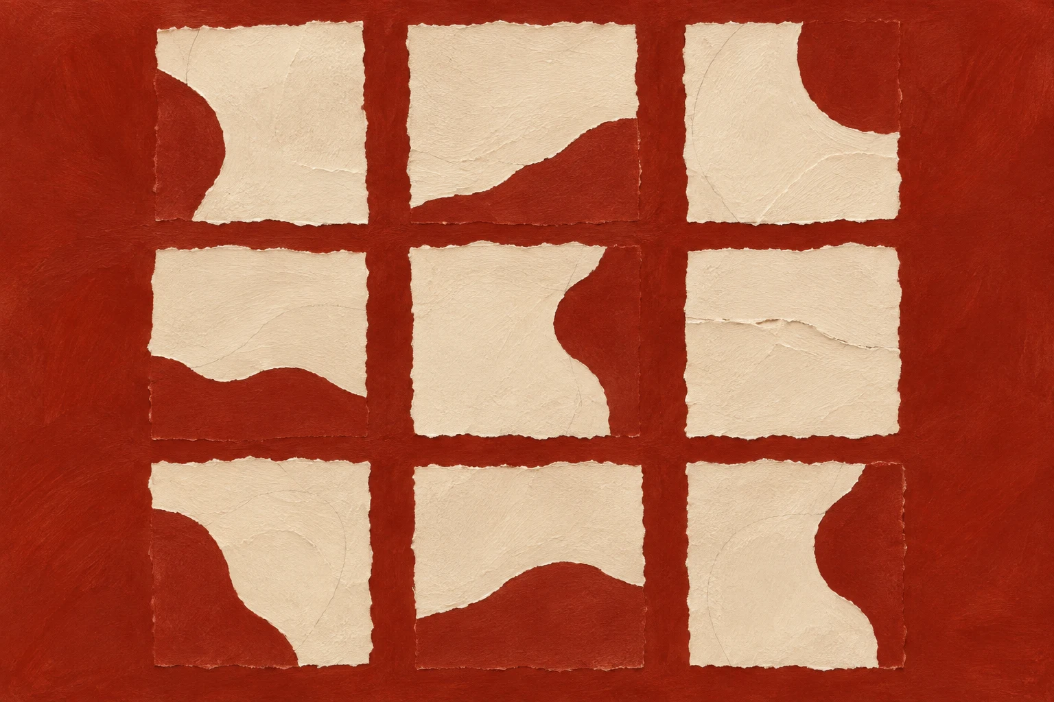 A quiet grid of nine soft squares in rust, cream, sand; landscape artwork.