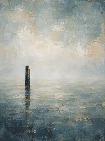 A monolith form standing left of center in stone, gray, cream, charcoal; portrait artwork.