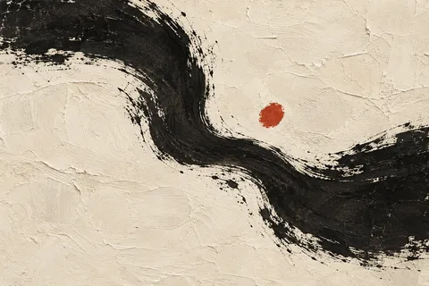 Thick flowing organic bands like a river seen from above in cream, black, taupe; landscape artwork.