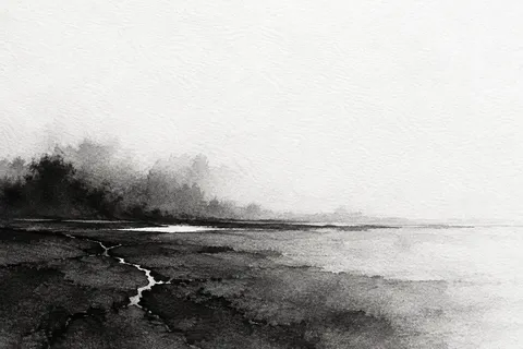 A cracked wabi-sabi field with one patch of a second color in white, black, charcoal, cream; landscape artwork.