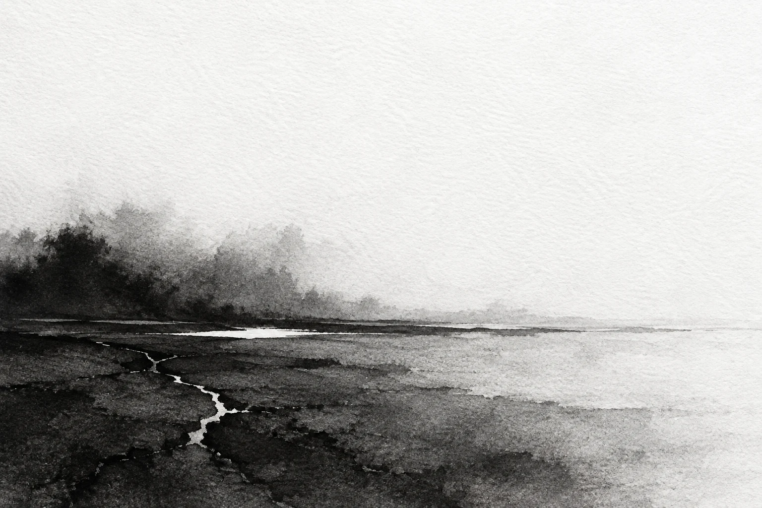 A cracked wabi-sabi field with one patch of a second color in white, black, charcoal, cream; landscape artwork.