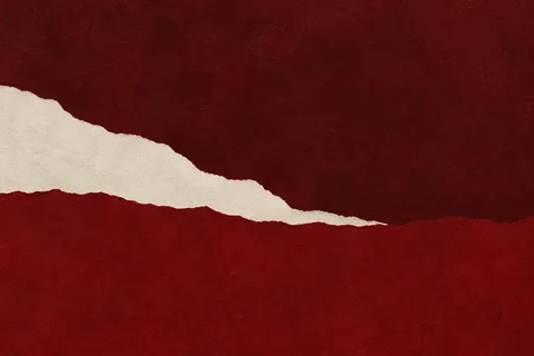 Three stacked horizontal bands with torn edges in burgundy, sand; landscape artwork.