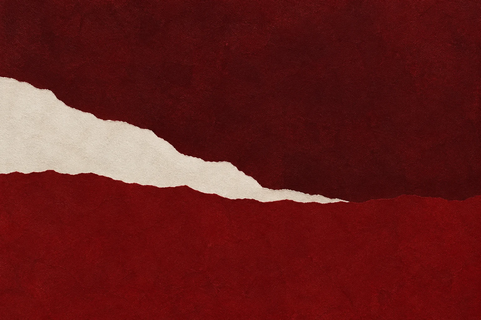 Three stacked horizontal bands with torn edges in burgundy, sand; landscape artwork.