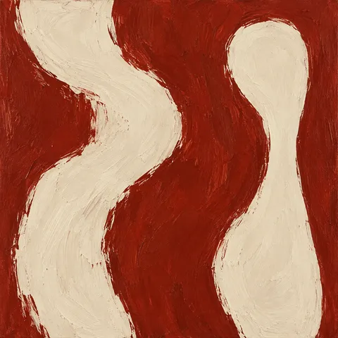 Three flowing vertical bands that bend like a slow current in cream, rust, burgundy, blush; square artwork.