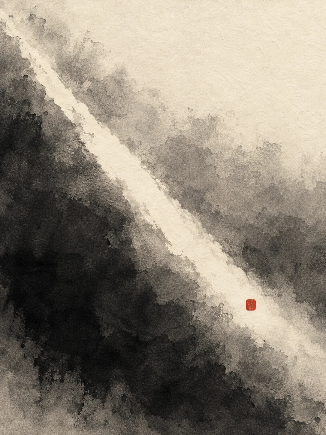 A diagonal plane of light crossing a textured field in cream, black, gray, taupe; portrait artwork.