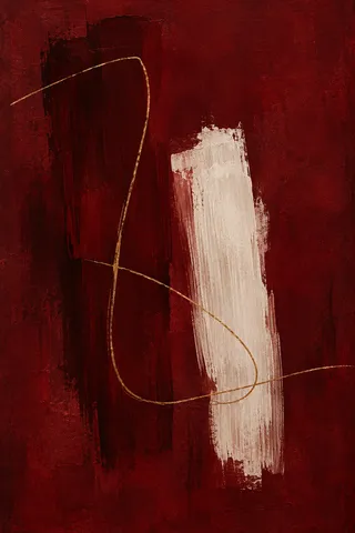 A thin gold-brass line across a dark field in black, burgundy, gray; portrait artwork.