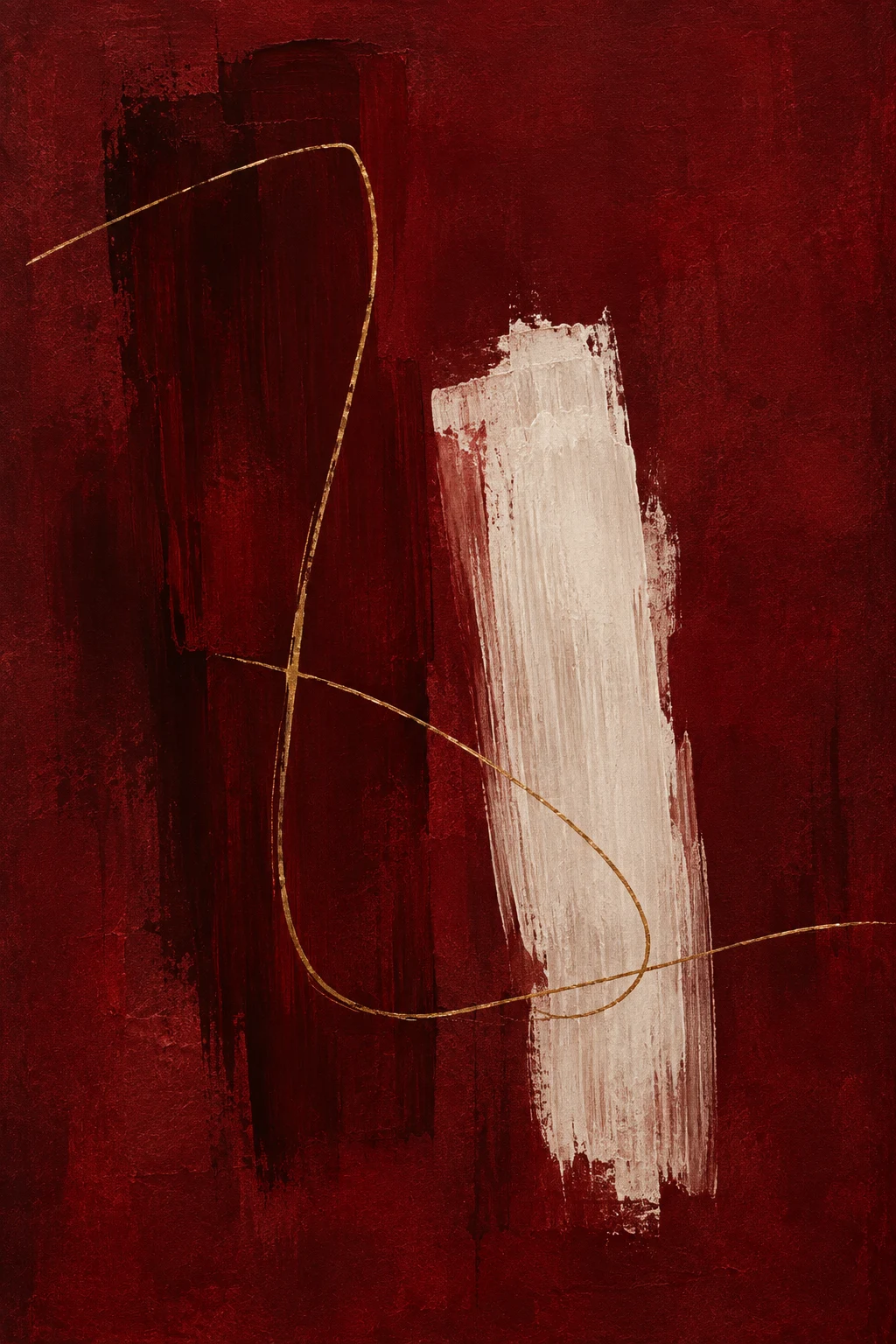 A thin gold-brass line across a dark field in black, burgundy, gray; portrait artwork.