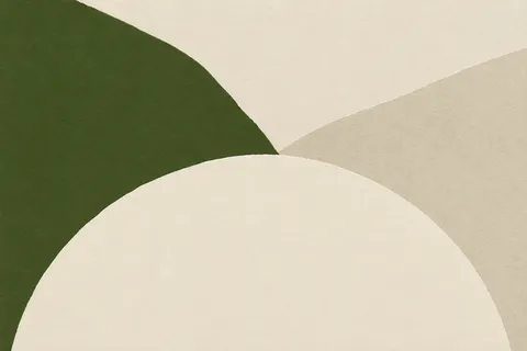 A half-moon rising from the bottom edge in cream, charcoal, stone; landscape artwork.