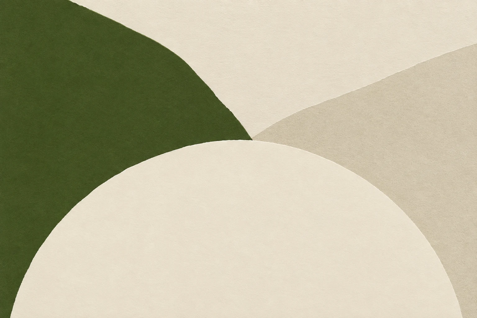 A half-moon rising from the bottom edge in cream, charcoal, stone; landscape artwork.