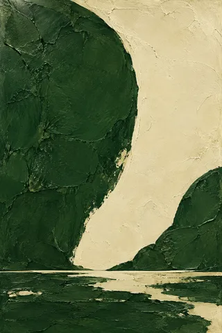 One tall arch pressed into the surface in forest green, cream, black, sand; portrait artwork.
