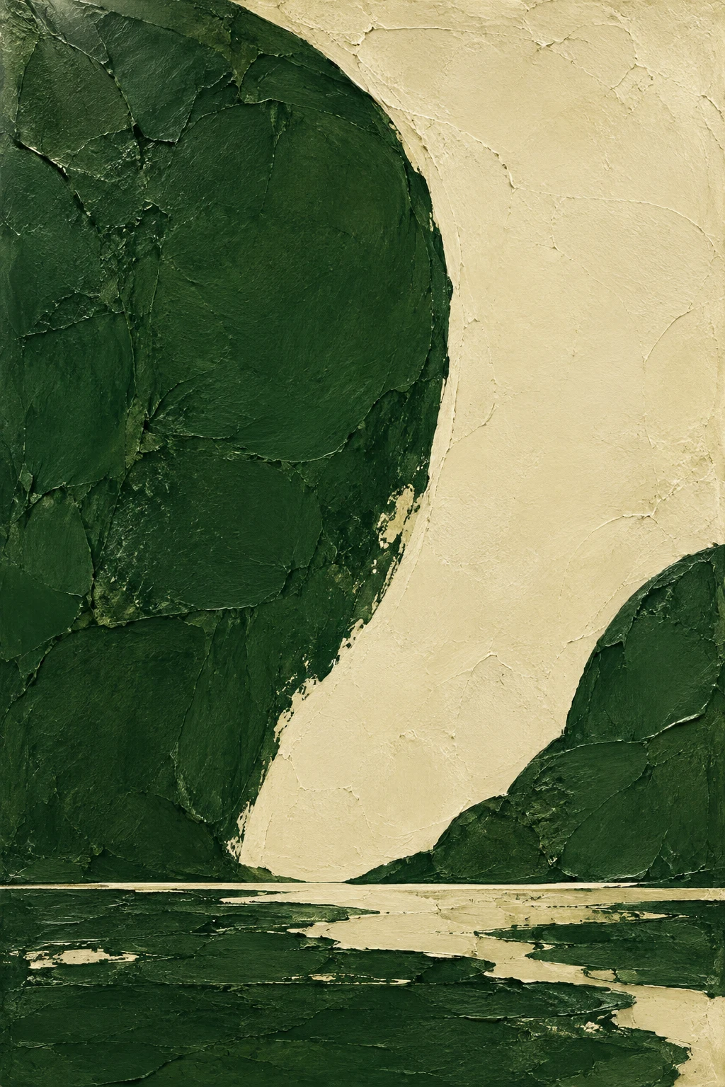 One tall arch pressed into the surface in forest green, cream, black, sand; portrait artwork.