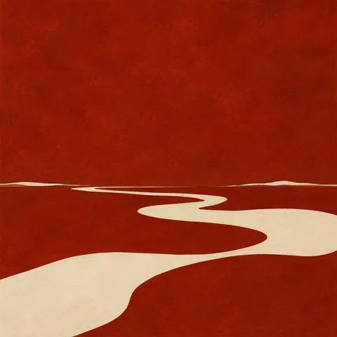 Thick flowing organic bands like a river seen from above in rust, stone; square artwork.