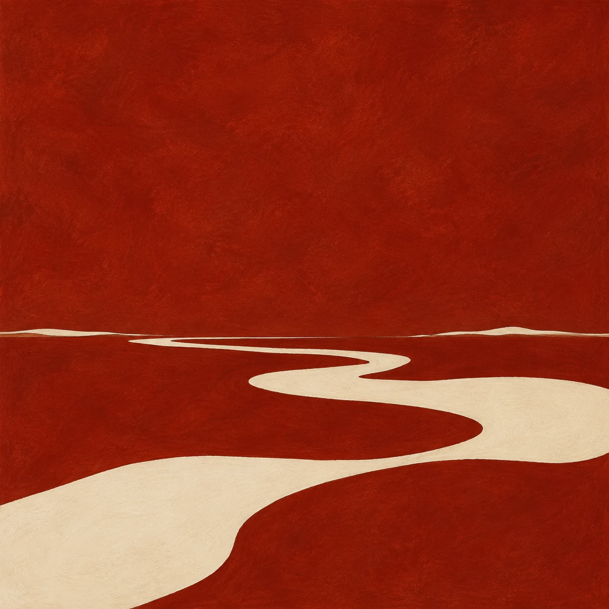 Thick flowing organic bands like a river seen from above in rust, stone; square artwork.