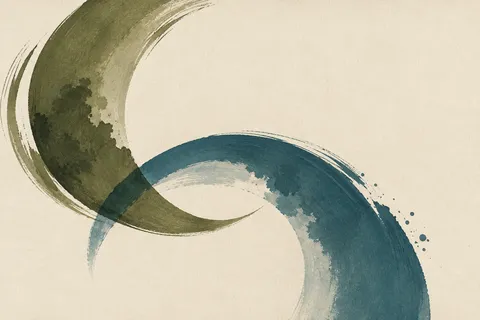 Two interlocking crescents in cream, charcoal, olive, stone; landscape artwork.