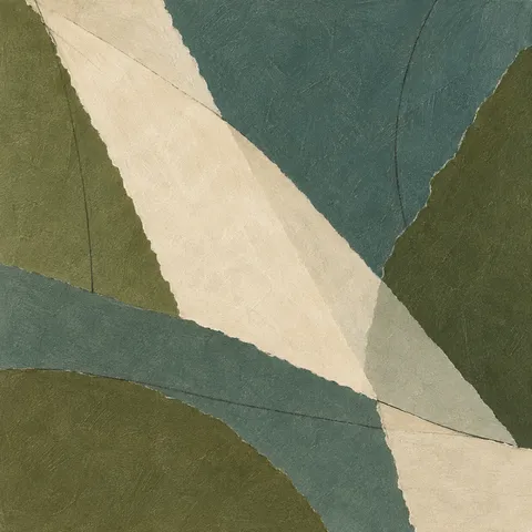 A diagonal plane of light crossing a textured field in olive, green, cream, stone; square artwork.