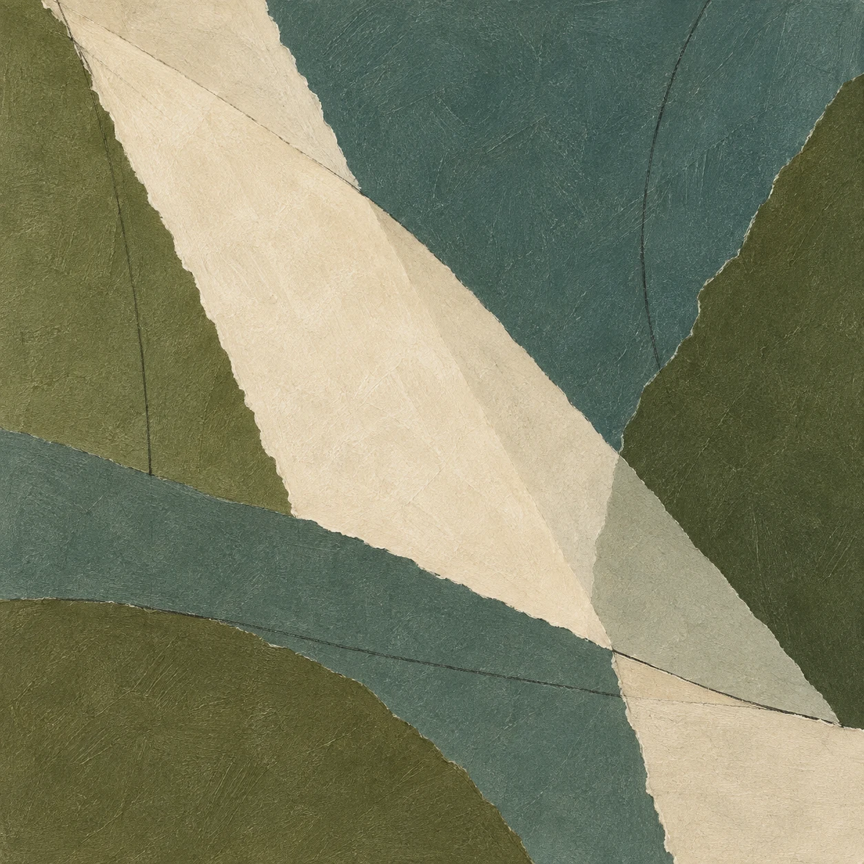 A diagonal plane of light crossing a textured field in olive, green, cream, stone; square artwork.