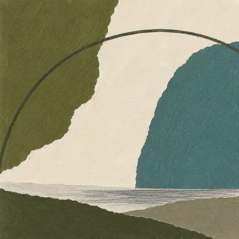 A single wide arc crossing the field in cream, olive, teal, charcoal; square artwork.