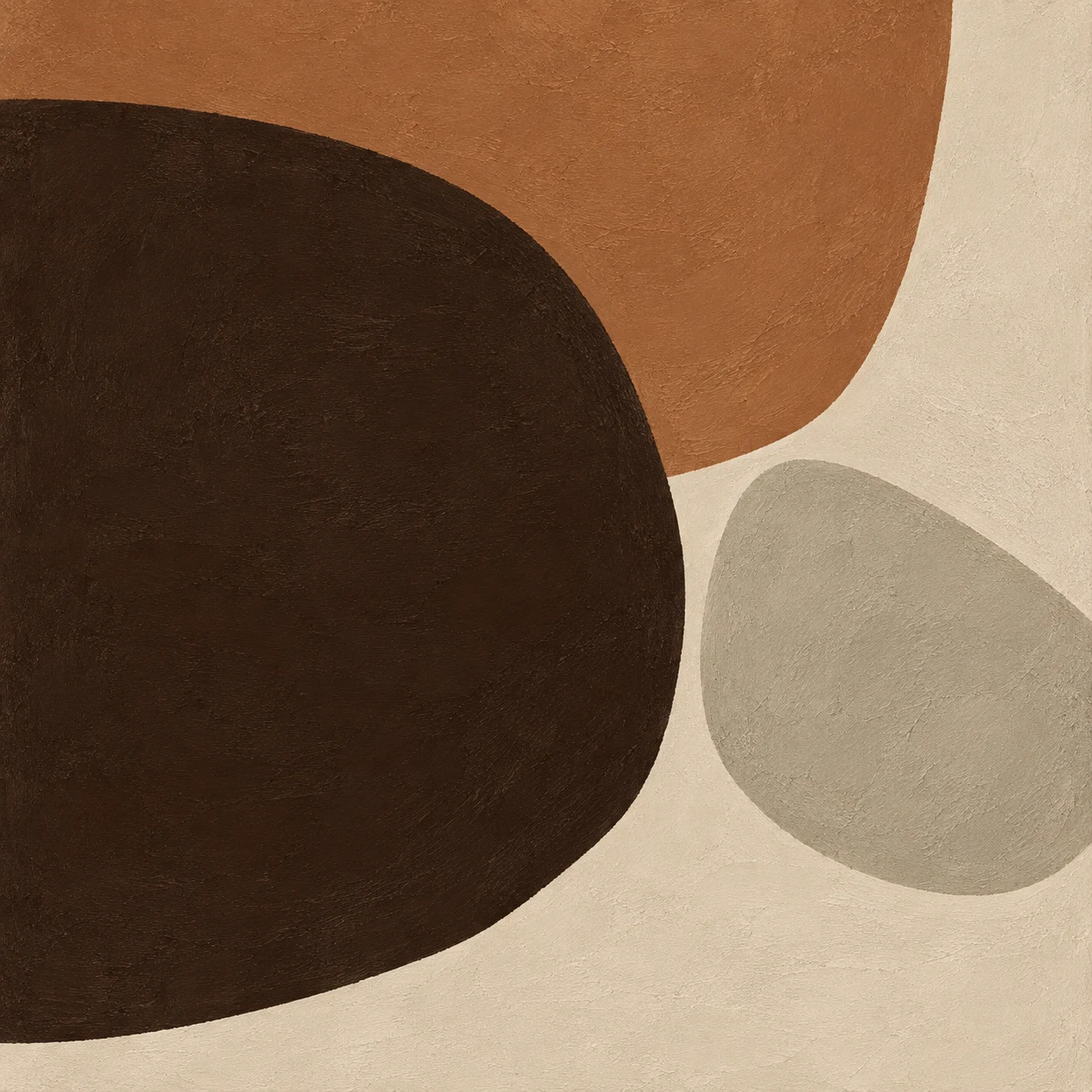 Two river-stone shapes, one large one small in black, cream, terracotta, sage; square artwork.