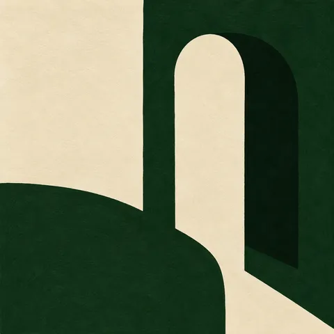 An arch and its shadow in black, cream; square artwork.