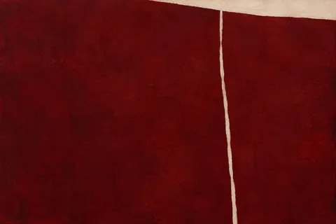 A single vertical scored line, slightly off-vertical in burgundy, rust; landscape artwork.
