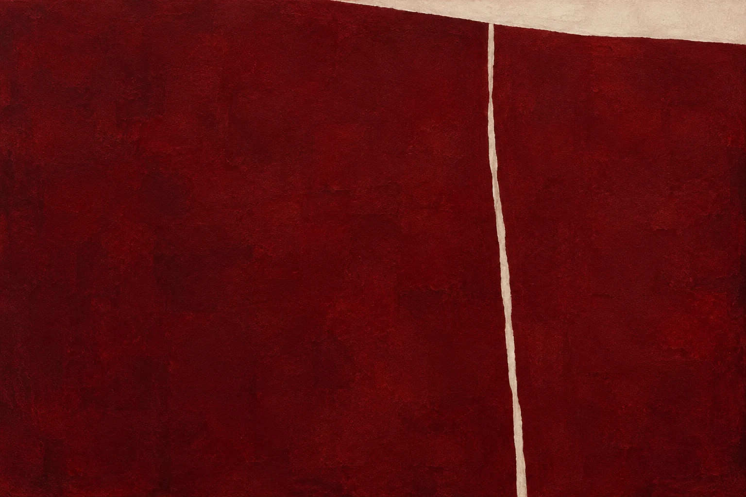 A single vertical scored line, slightly off-vertical in burgundy, rust; landscape artwork.