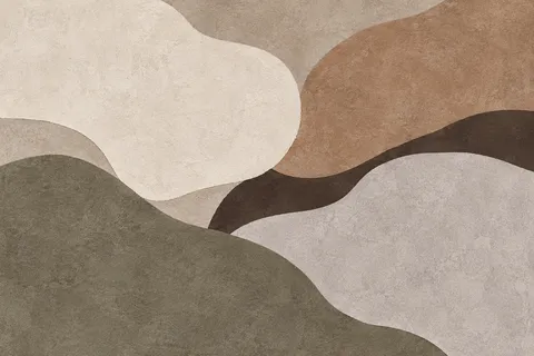 Soft cloud-like forms drifting left in olive, stone, cream, taupe; landscape artwork.