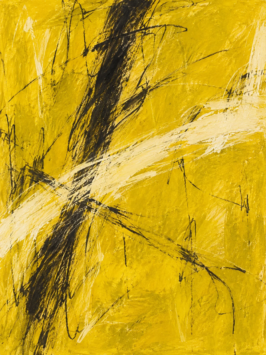 Two calligraphic strokes crossing in yellow, ochre, brown; portrait artwork.