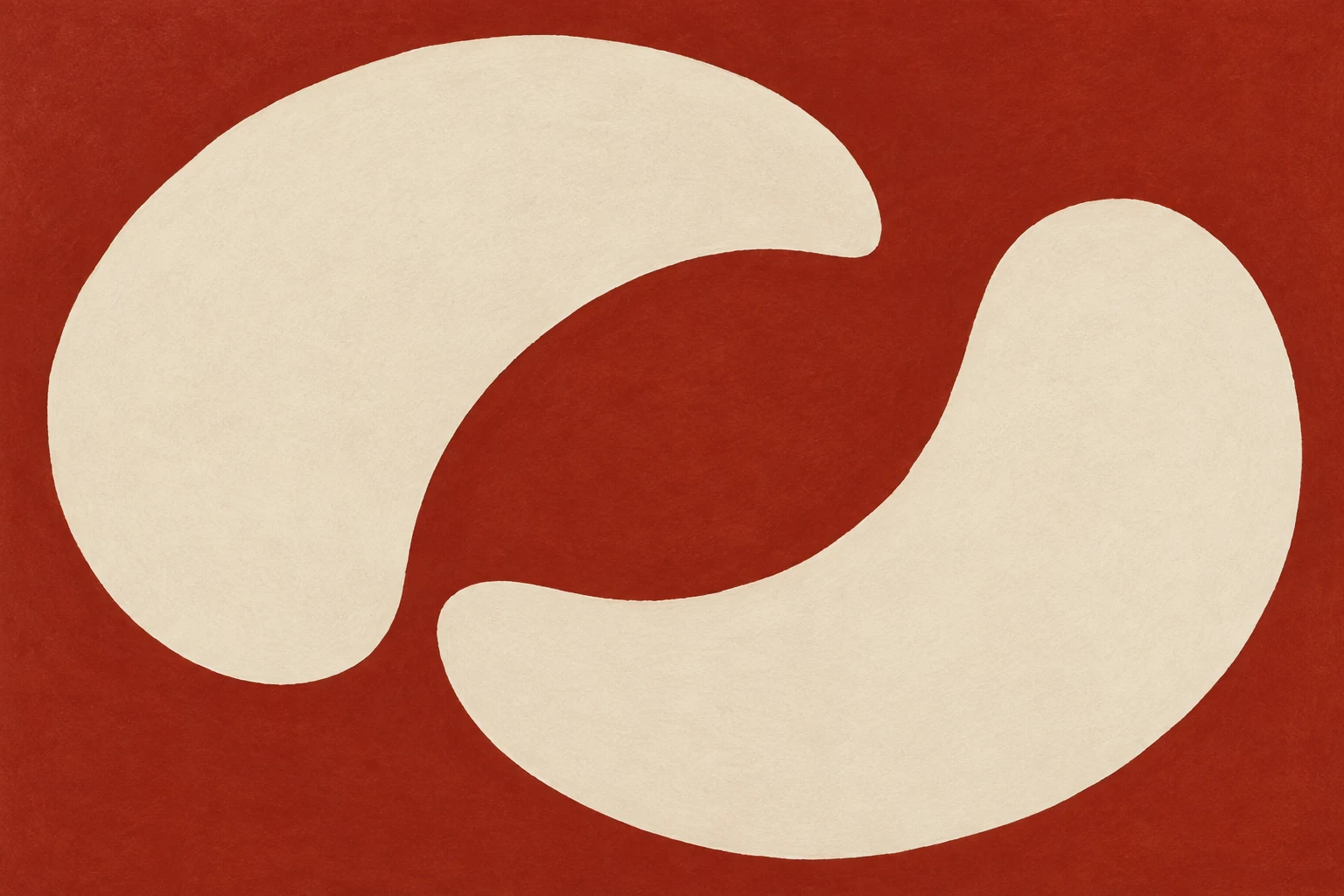 Two interlocking crescents in rust, cream; landscape artwork.