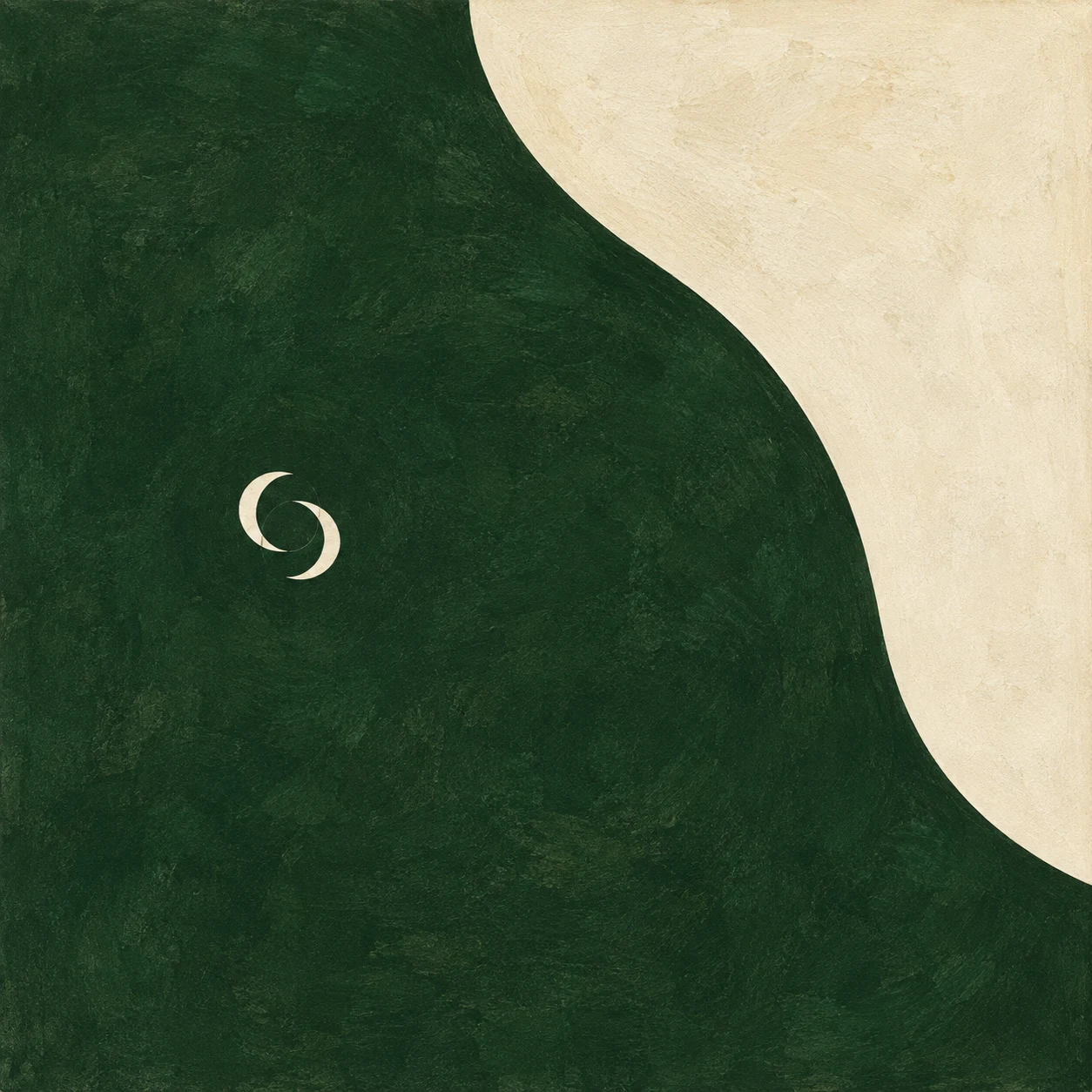 Two interlocking crescents in forest green, cream, black; square artwork.