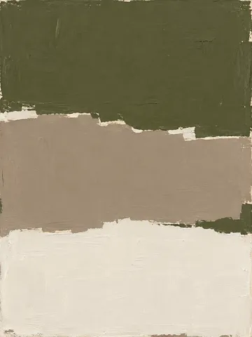 Three stacked horizontal bands with torn edges in brown, cream, sage; portrait artwork.