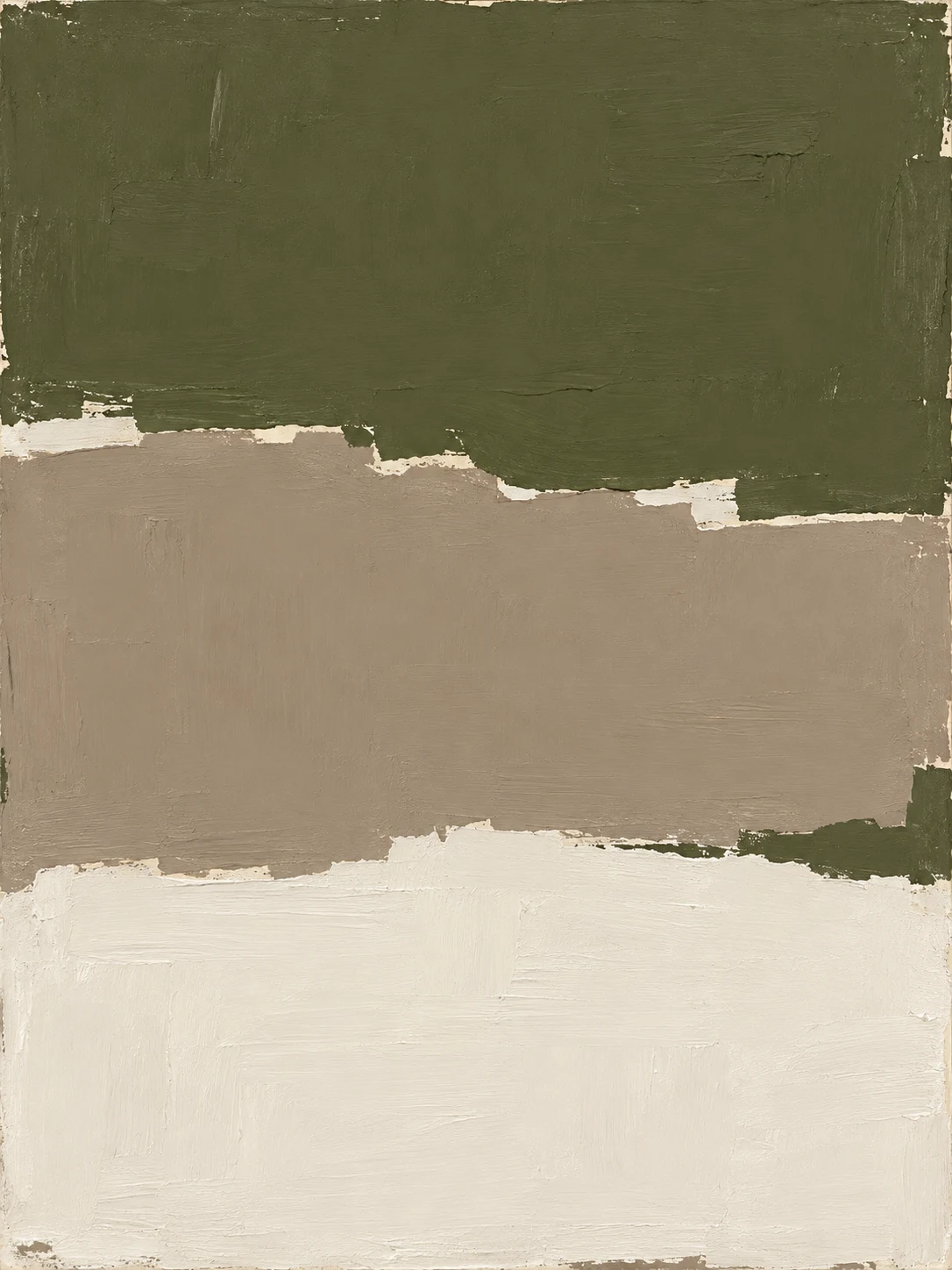 Three stacked horizontal bands with torn edges in brown, cream, sage; portrait artwork.