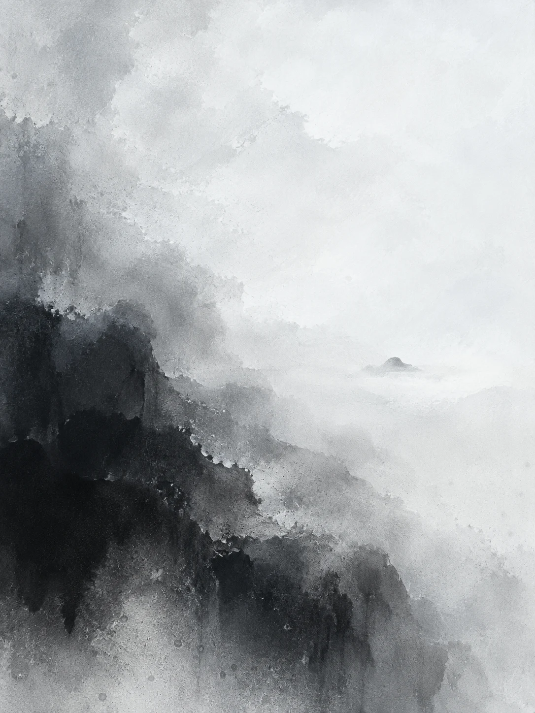 Layered translucent glazes with soft edges in white, cream, black, stone; portrait artwork.