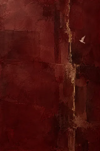 A thin gold-brass line across a dark field in burgundy, black; portrait artwork.