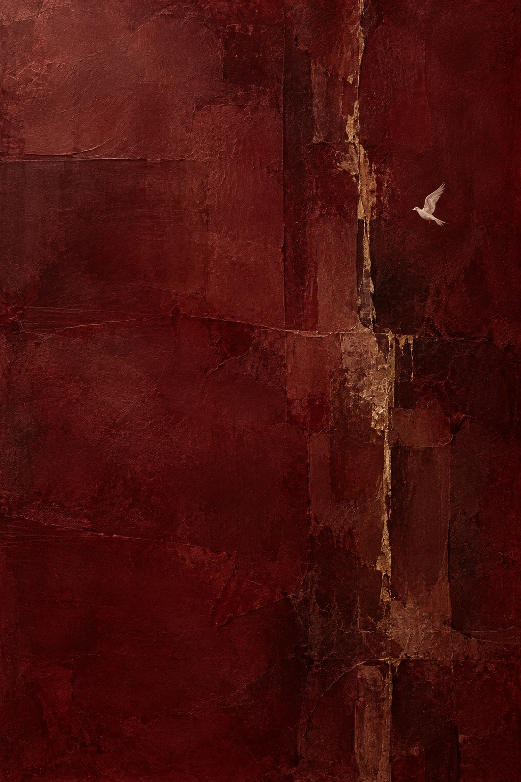 A thin gold-brass line across a dark field in burgundy, black; portrait artwork.