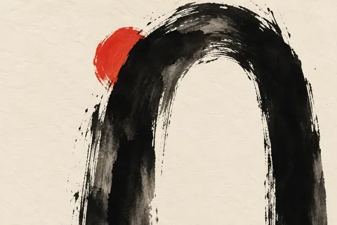 One tall arch pressed into the surface in cream, black, brown, stone; landscape artwork.
