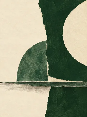 A low horizontal shelf shadow across the whole width in cream, forest green, taupe; portrait artwork.
