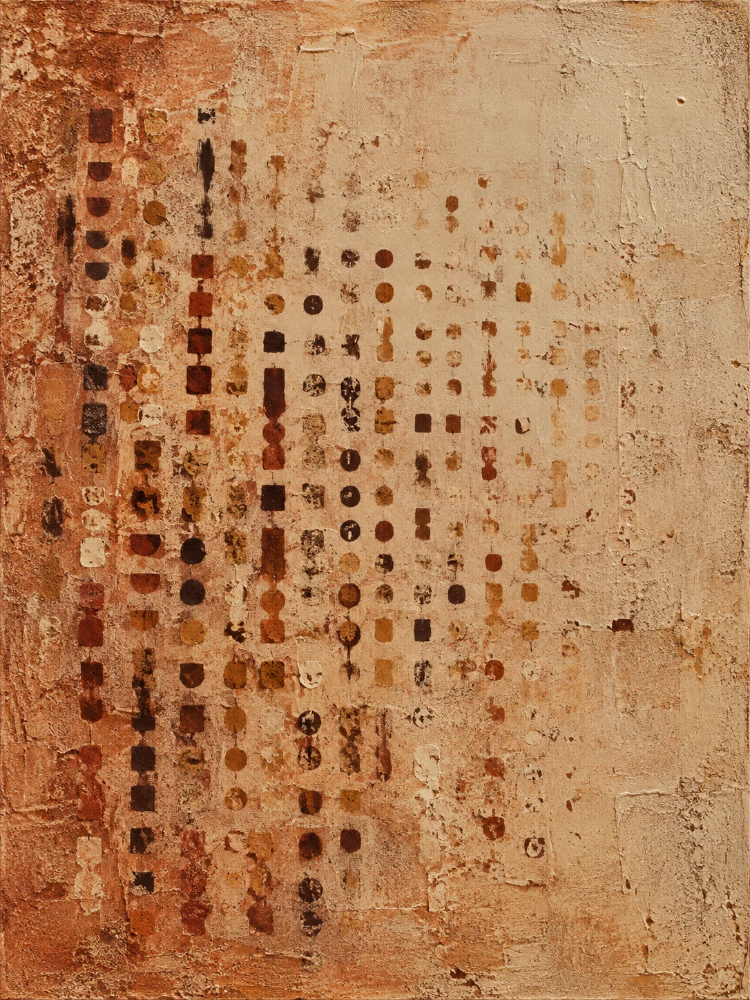 A field of small repeated marks fading toward one corner in sand, ochre, blush, terracotta; portrait artwork.